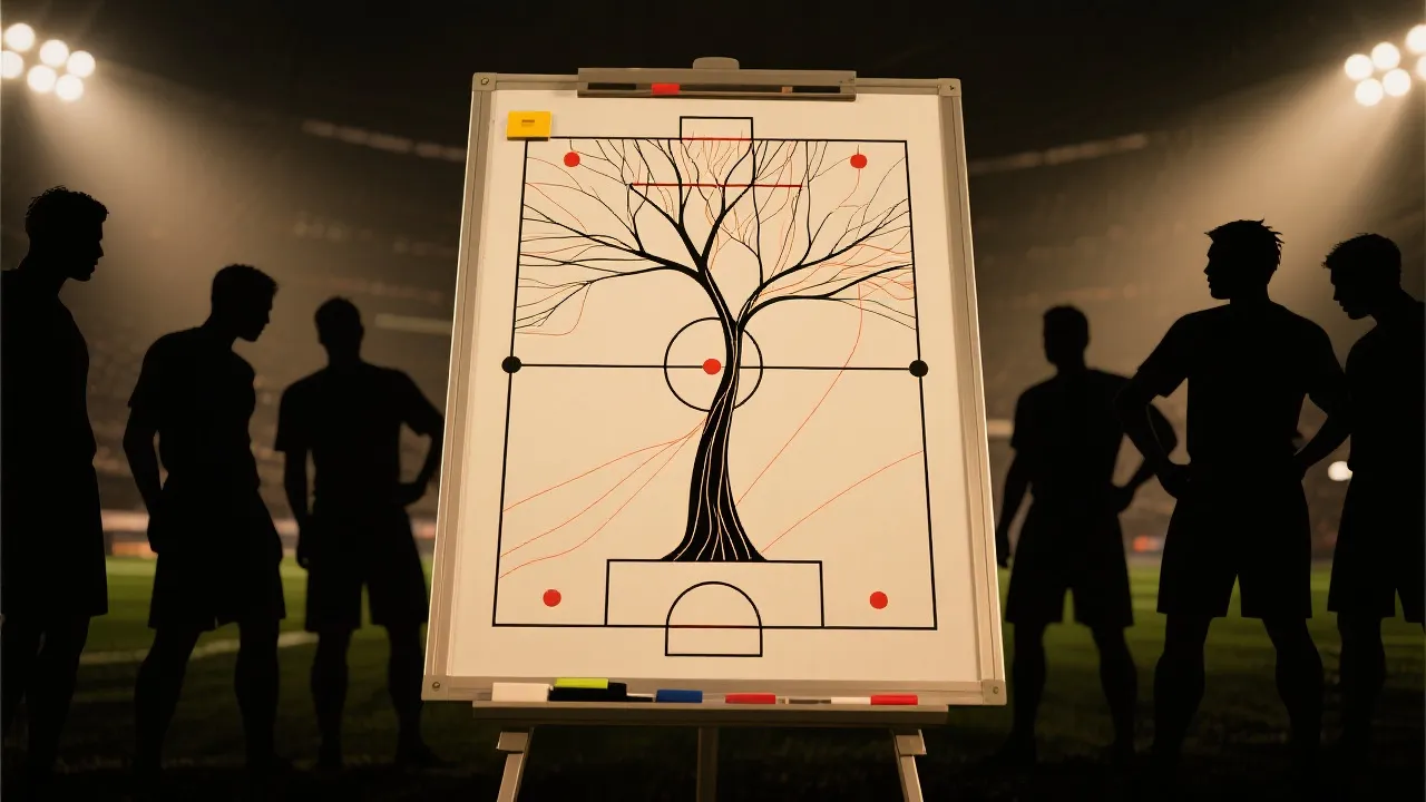 战术板与球员剪影，象征淘汰赛对阵树与关键节点推演